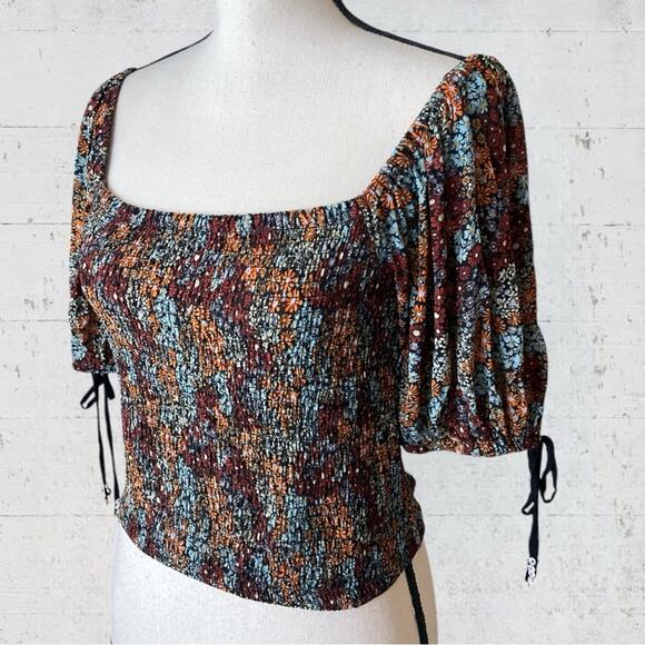 Free People Back On Top Cropped Top Dark Combo Size S Boho Smocked Puff Sleeve - Picture 6 of 13